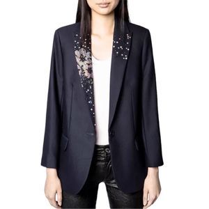 Zadig and Voltaire Blazer Womens Médium Navy Blue Viva Strass Flower Jacket